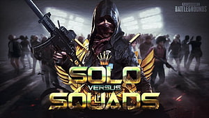 PUBG Mobile Solo Versus Squads Mode Featuring Hooded Character with Rifle and Golden Wings HD wallpaper