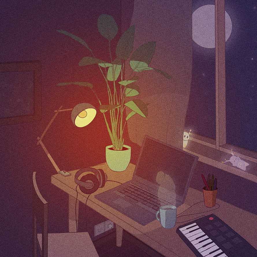 Cozy Nighttime Home Office with Laptop, Desk Lamp, and Potted Plant HD phone wallpaper