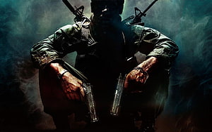 Call of Duty Black Ops Soldier Dual Wielding Pistols in Dark Smoke HD wallpaper