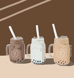 Three Illustrated Boba Tea Mugs with Taro, Matcha, and Milk Flavors HD phone wallpaper