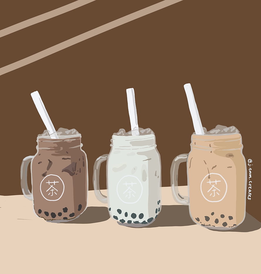 Three Illustrated Boba Tea Mugs with Taro, Matcha, and Milk Flavors HD phone wallpaper