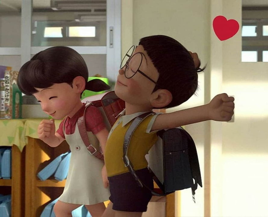 Doraemon Nobita and Shizuka Walking Together in School Uniforms HD wallpaper