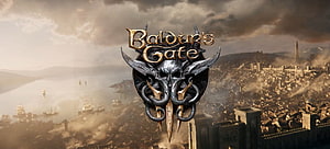 Baldur's Gate III Official Logo Overhanging a Misty Coastal City and Harbor HD wallpaper