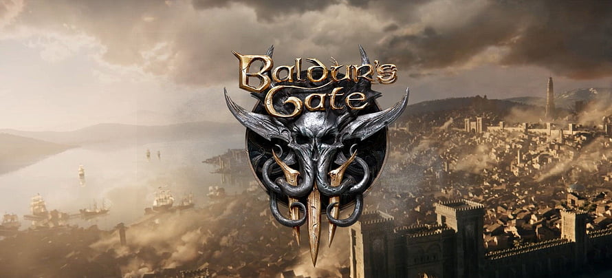 Baldur's Gate III Official Logo Overhanging a Misty Coastal City and Harbor HD wallpaper