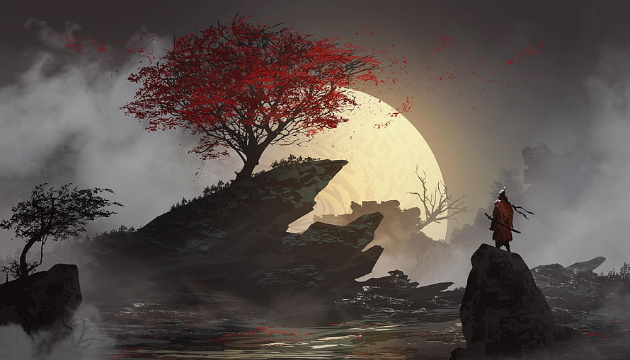 Samurai Standing on Cliff Under Giant Moon with Red Tree HD wallpaper