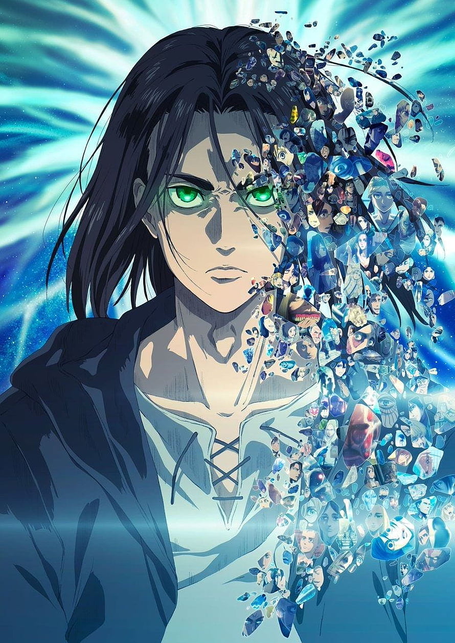 Eren Yeager from Attack on Titan with crystalline memory fragments and glowing green eyes HD phone wallpaper