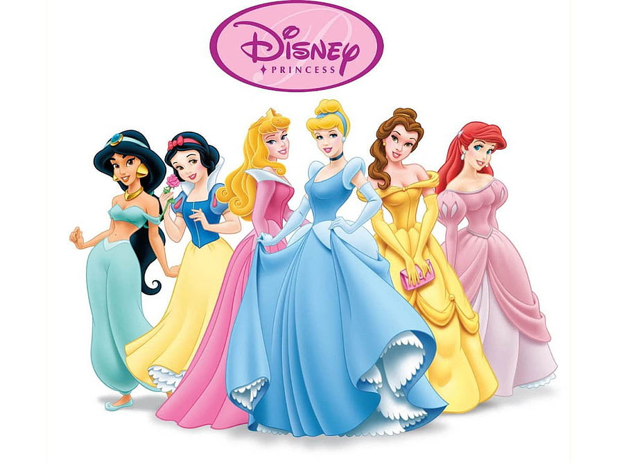 Classic Disney Princess Group Illustration Featuring Jasmine, Snow White, Aurora, Cinderella, Belle, and Ariel HD wallpaper