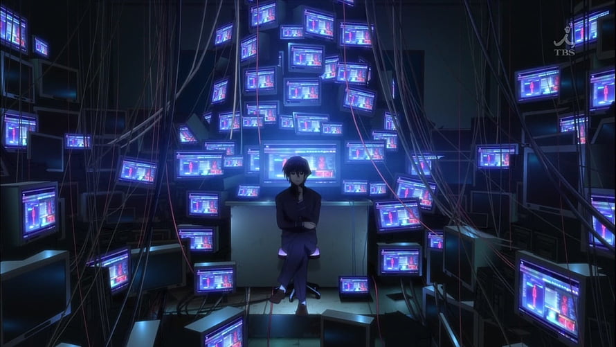 Anime Hacker Seated in Dark Server Room Surrounded by Glowing Monitors and Cables HD wallpaper