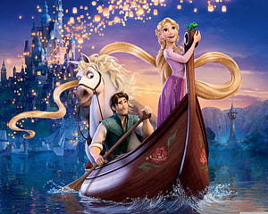 Tangled Rapunzel and Flynn Rider in a Boat with Maximus and Pascal at Dusk HD wallpaper