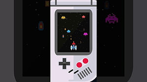 Retro Handheld Game Console Illustration with Space Invaders Gameplay on Screen HD wallpaper