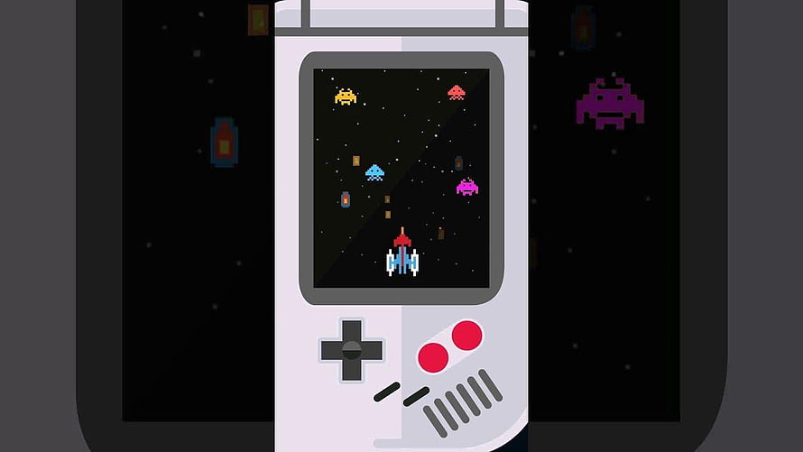 Retro Handheld Game Console Illustration with Space Invaders Gameplay on Screen HD wallpaper