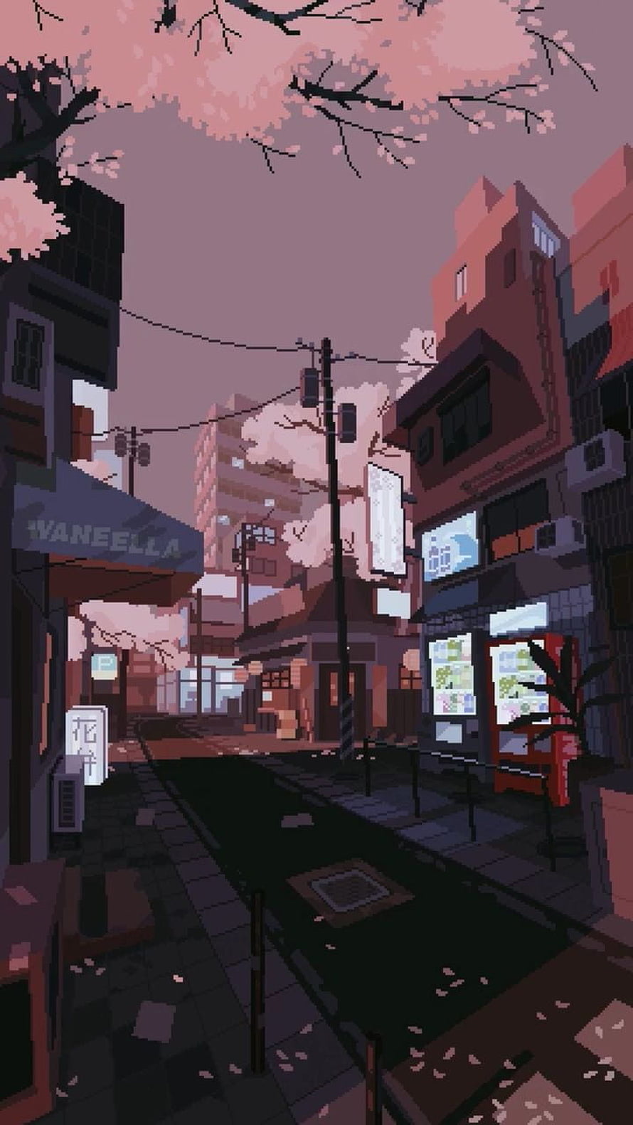 Pixel Art Japanese Street Scene With Cherry Blossoms And Vending Machines HD phone wallpaper