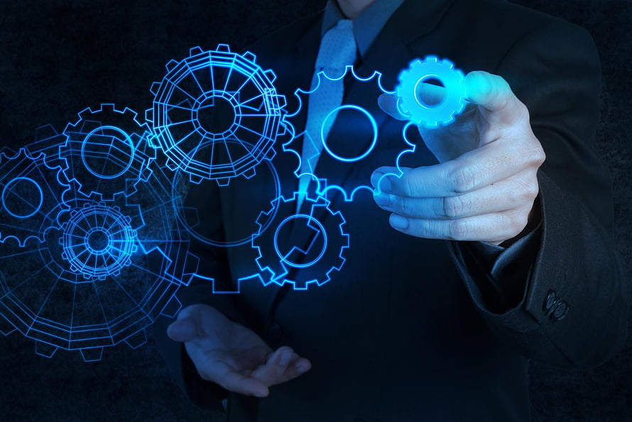Businessman Interacting with Glowing Blue Holographic Gears and Mechanical Design Interface, Mechanical , Artistic, HQ Mechanical, design engineer HD wallpaper