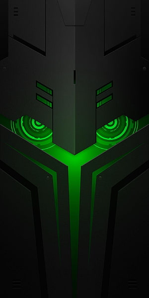 Black Shark Gaming Phone Front View with Glowing Green Eyes and Futuristic Armor Design HD phone wallpaper