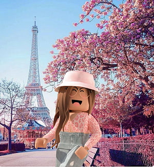 Roblox Avatar Girl in Paris with Eiffel Tower and Cherry Blossoms HD phone wallpaper