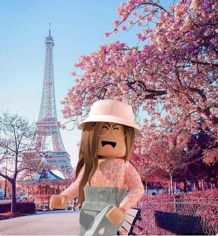 Roblox Avatar Girl in Paris with Eiffel Tower and Cherry Blossoms HD phone wallpaper