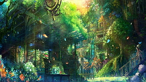 Enchanted Overgrown Fantasy Village With Wooden Structures And Lush Greenery HD wallpaper