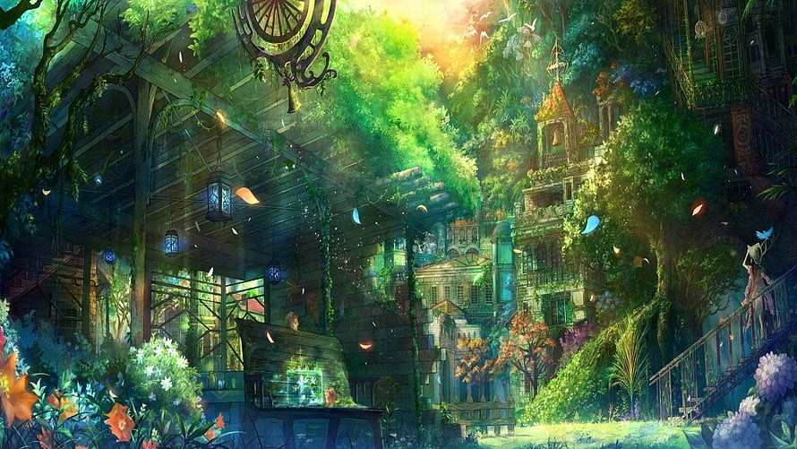 Enchanted Overgrown Fantasy Village With Wooden Structures And Lush Greenery HD wallpaper