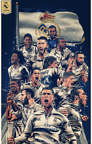 Real Madrid football team illustration featuring Cristiano Ronaldo, Karim Benzema, and Sergio Ramos in white kits HD phone wallpaper