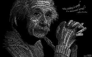 Albert Einstein Word Art Portrait Featuring Physics Equations and Scientific Terms HD wallpaper