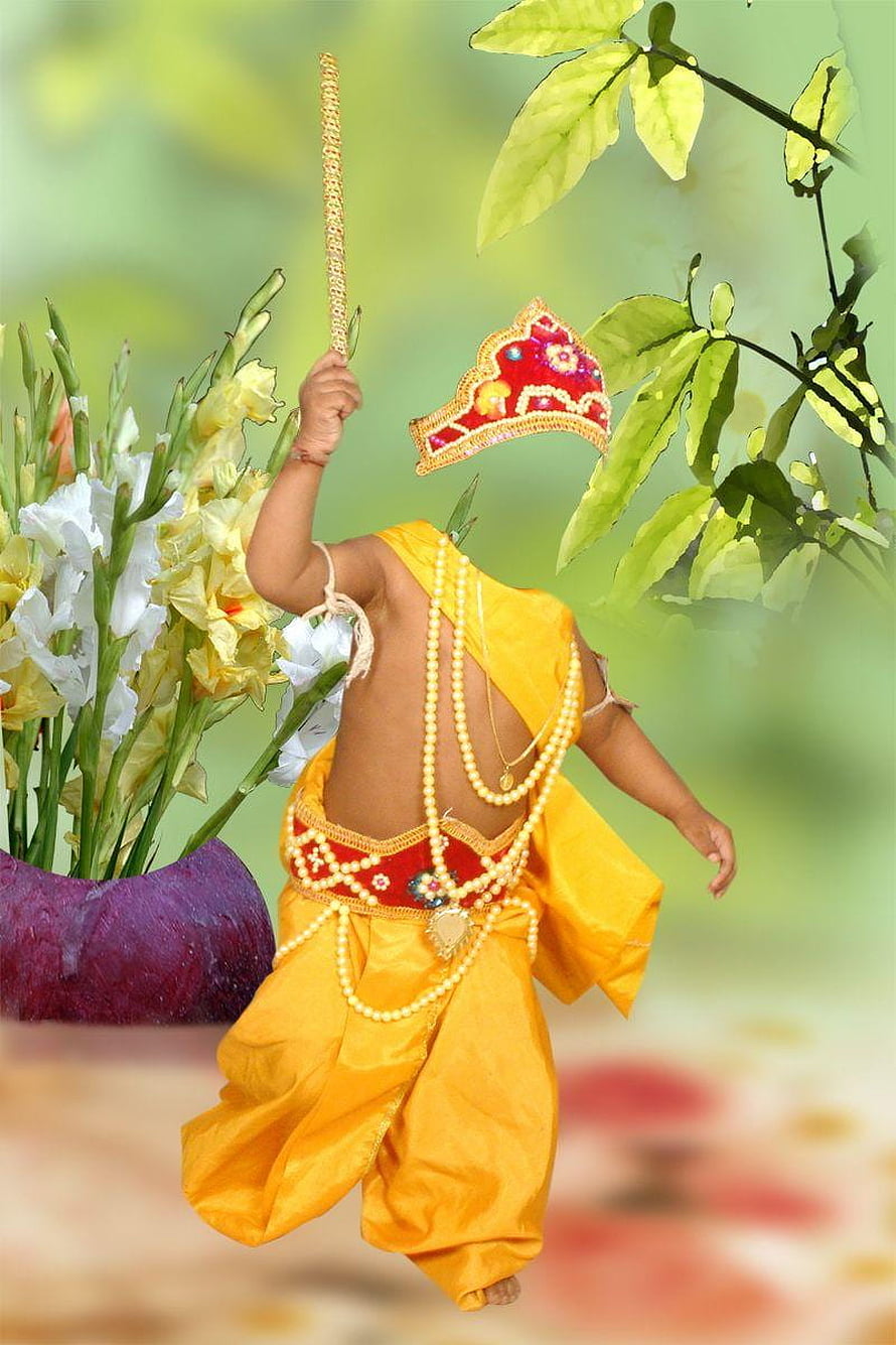 Baby Krishna in Yellow Dhoti Holding Flute with Peacock Feather Crown HD phone wallpaper