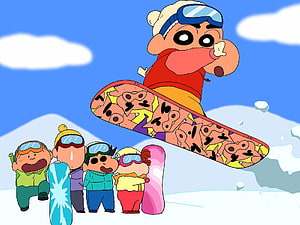 Crayon Shin-chan Snowboarding Adventure with Friends on a Sunny Winter Day HD wallpaper