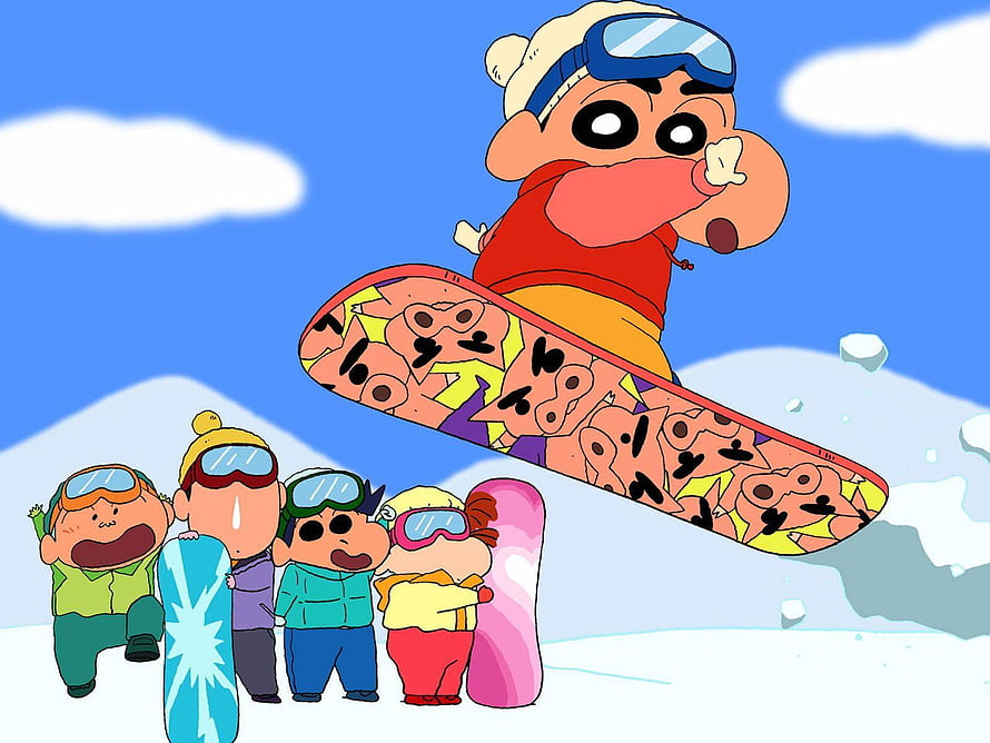 Crayon Shin-chan Snowboarding Adventure with Friends on a Sunny Winter Day HD wallpaper