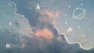 Dreamy Cloud Sky With Hand-Drawn Stars And Planet Outline HD wallpaper