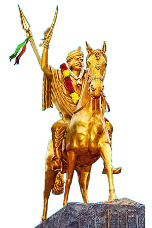 Golden Statue of Chhatrapati Shivaji Maharaj on Horseback Holding Sword and Spear HD phone wallpaper