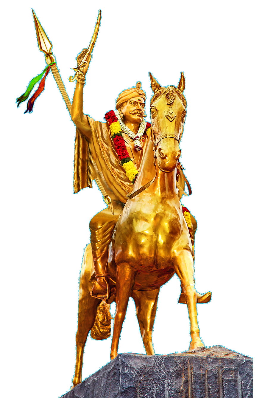 Golden Statue of Chhatrapati Shivaji Maharaj on Horseback Holding Sword and Spear HD phone wallpaper