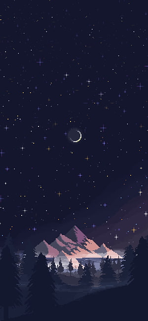 Pixel Art Night Sky With Crescent Moon Over Mountains And Forest HD phone wallpaper