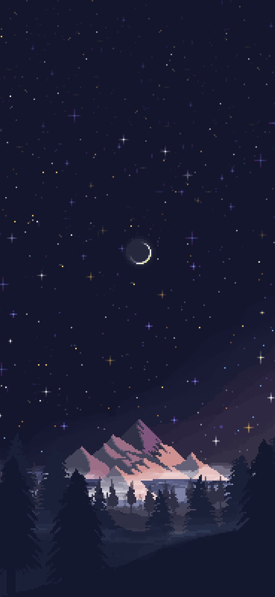 Pixel Art Night Sky With Crescent Moon Over Mountains And Forest HD phone wallpaper