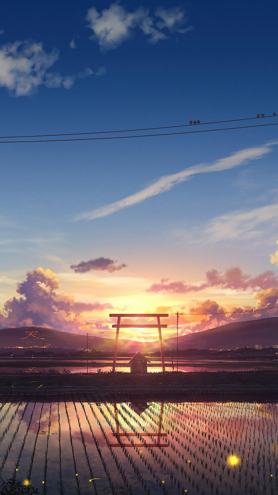 Serene Anime Landscape Featuring a Torii Gate at Sunset Over Rice Paddies HD phone wallpaper