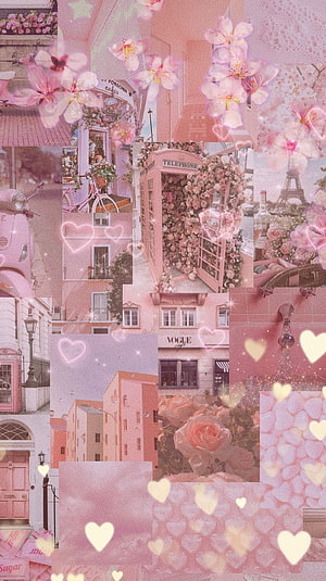 Dreamy Pink Parisian Collage Wallpaper with Eiffel Tower, Vintage Phone Booth, and Glowing Hearts HD phone wallpaper