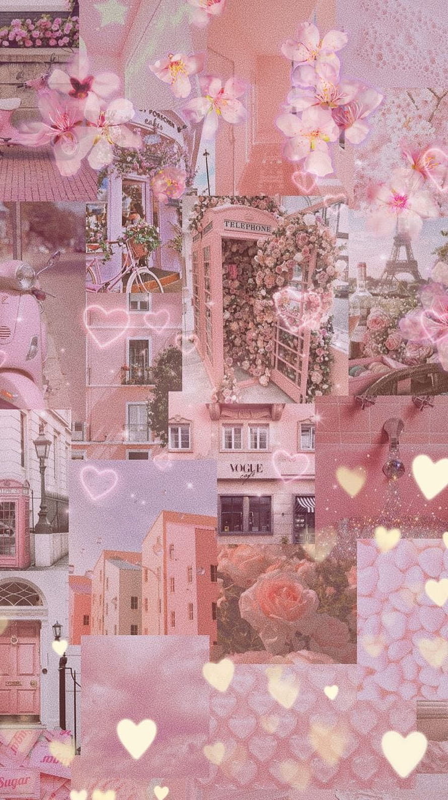 Dreamy Pink Parisian Collage Wallpaper with Eiffel Tower, Vintage Phone Booth, and Glowing Hearts HD phone wallpaper