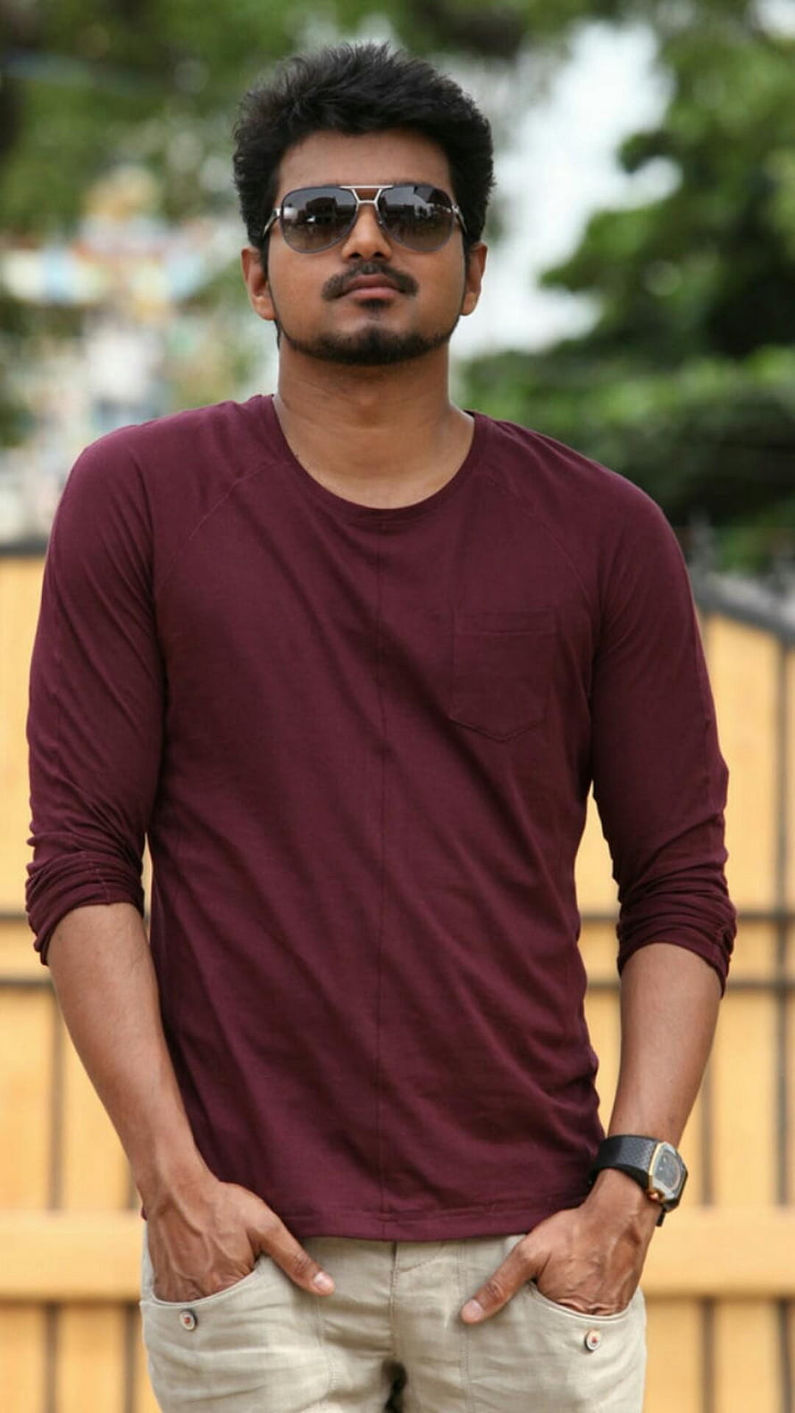 Thalapathy Vijay in Maroon Long Sleeve Tee and Aviator Sunglasses HD phone wallpaper