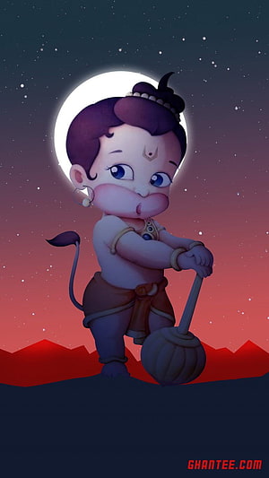 Cute Baby Hanuman Holding Mace Under Full Moon in Starry Night Sky, bal hanuman bright night for mobile, cute hanuman HD phone wallpaper