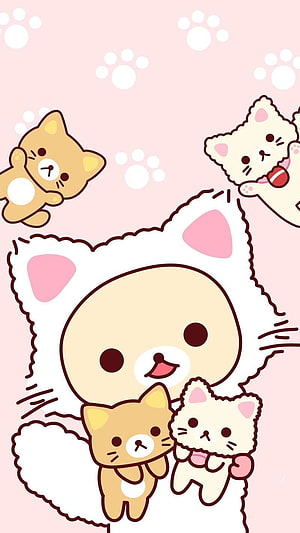 Cute Kawaii Cat Family Illustration with Paw Prints on Pink Background HD phone wallpaper