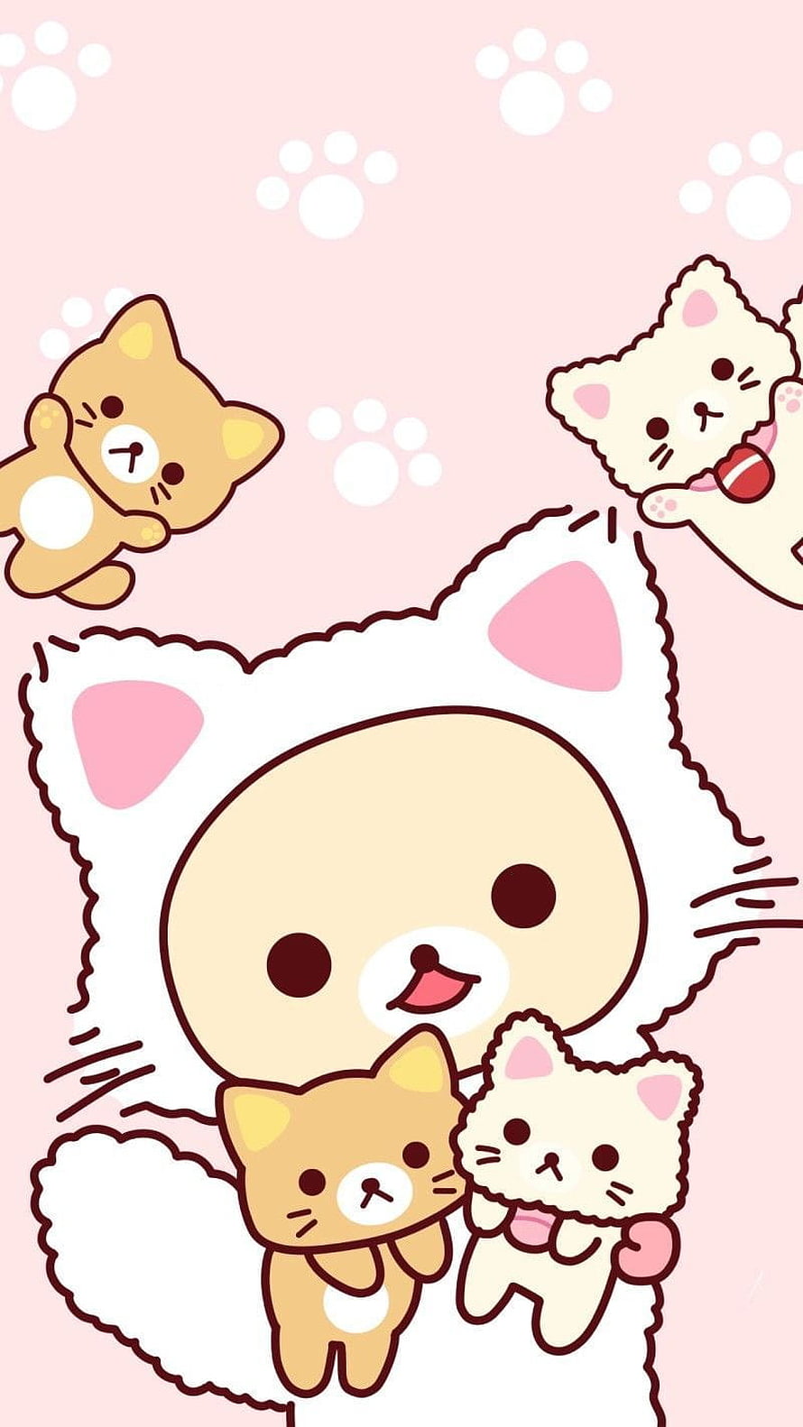 Cute Kawaii Cat Family Illustration with Paw Prints on Pink Background HD phone wallpaper
