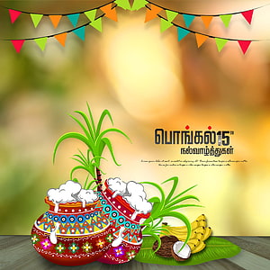 Pongal Festival Illustration with Decorated Pots, Bananas, Coconut, and Colorful Bunting HD phone wallpaper