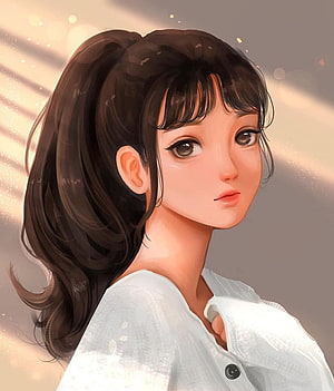 Soft Digital Illustration of a Young Woman with Dark Ponytail and White Top, black haired female anime digital art anime girls pfp cute girls, anime girl cute pfp HD phone wallpaper