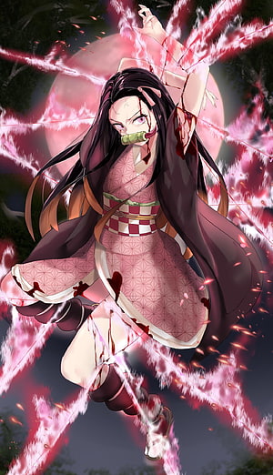 Nezuko Kamado from Demon Slayer wielding pink energy threads in dynamic battle pose HD phone wallpaper