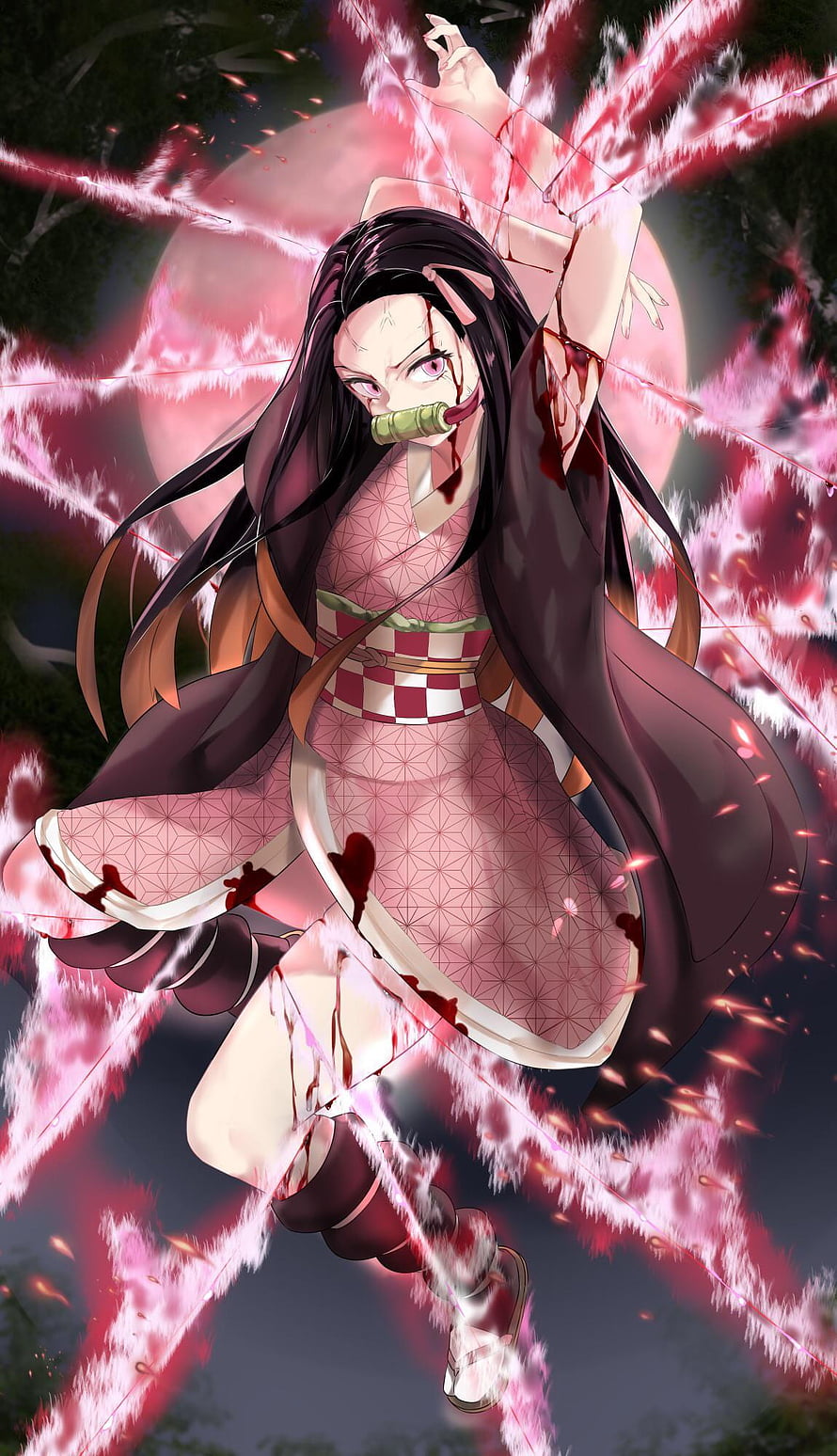 Nezuko Kamado from Demon Slayer wielding pink energy threads in dynamic battle pose HD phone wallpaper