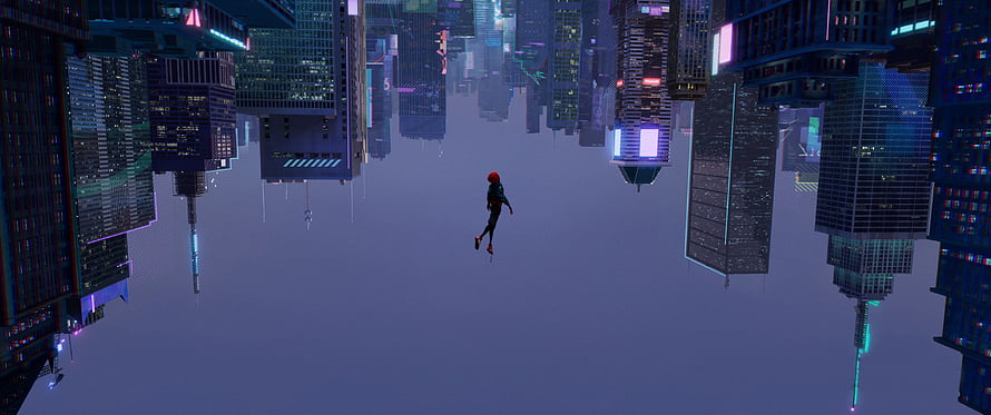 Spider-Man Into the Spider-Verse Miles Morales Floating in Upside Down City, Miles's Leap of Faith, #leap of faith HD wallpaper