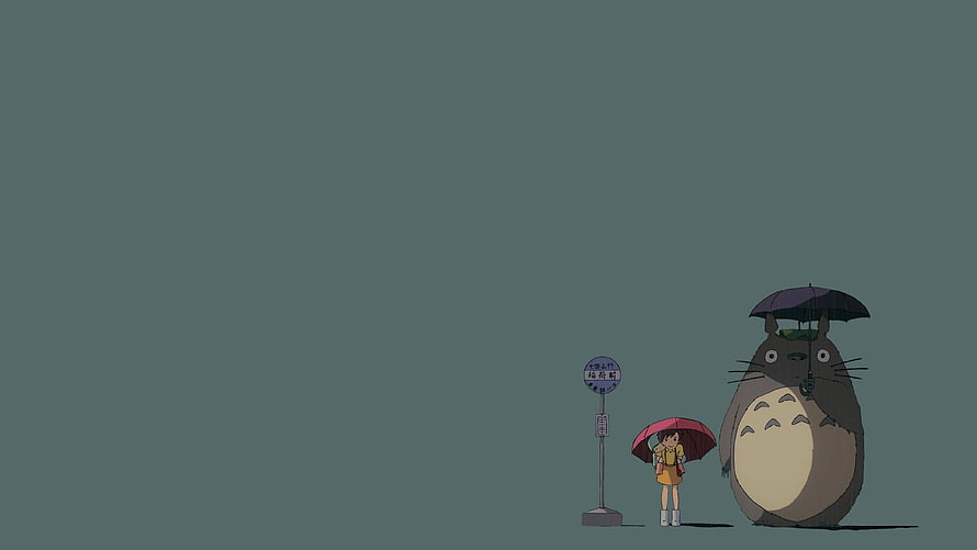 My Neighbor Totoro Bus Stop Scene with Satsuki and Rain Umbrellas HD wallpaper