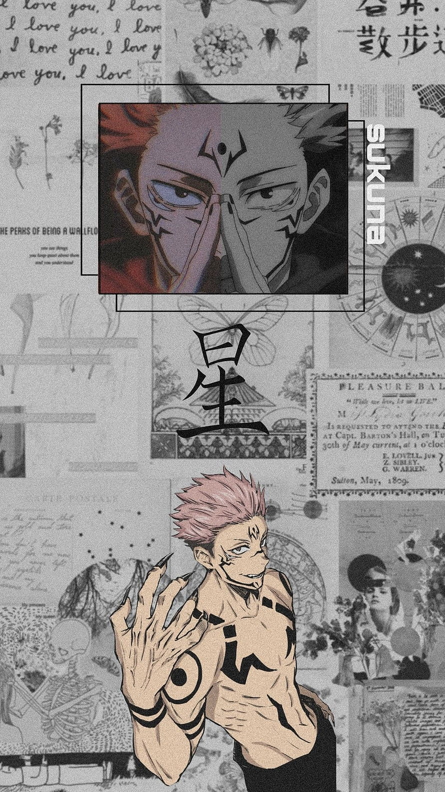 Sukuna Jujutsu Kaisen Anime Wallpaper with Vintage Collage Background HD phone wallpaper