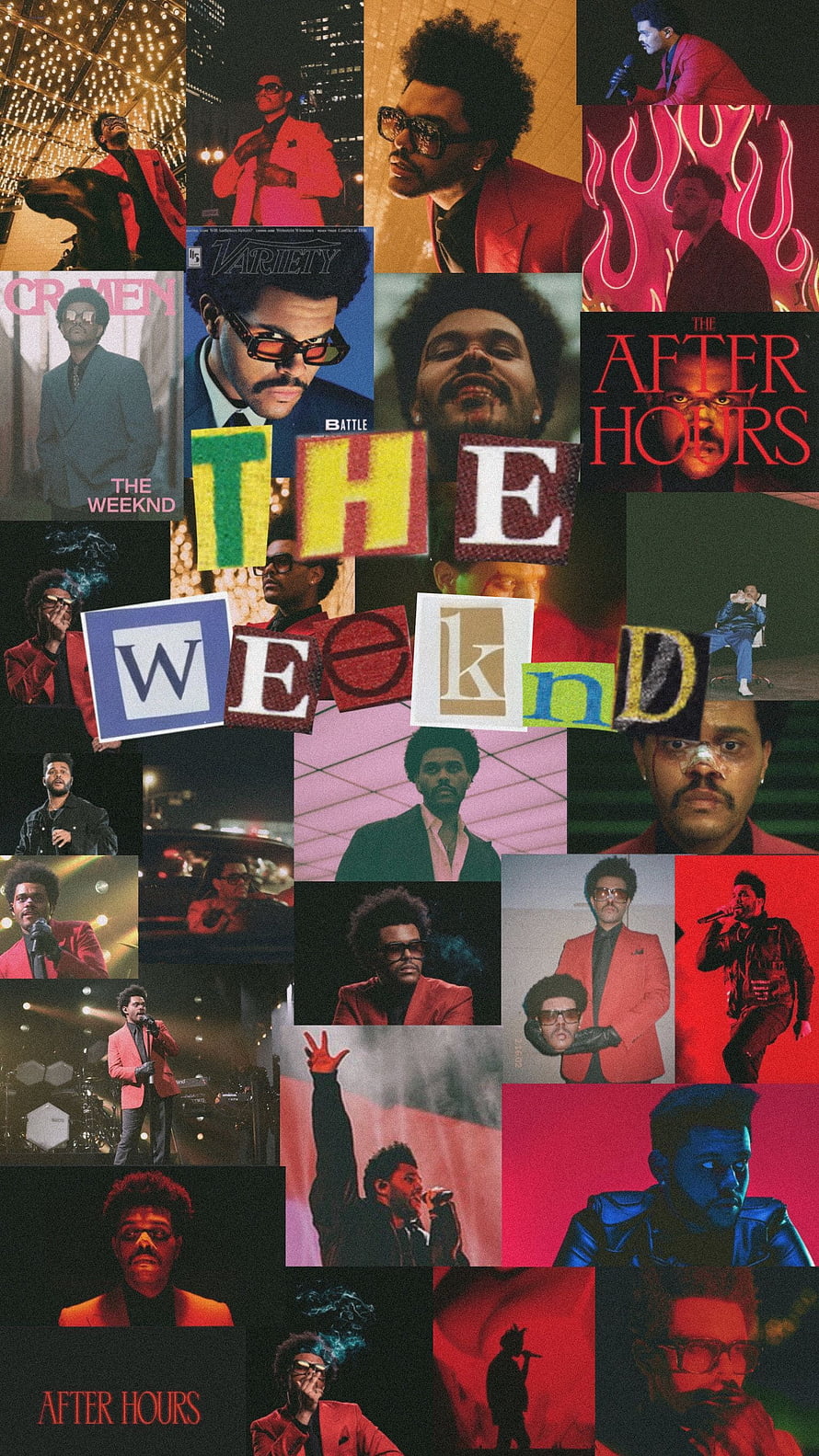 The Weeknd Collage: After Hours Album Art, Red Suit Portraits, and Neon Stage Performance Photos HD phone wallpaper