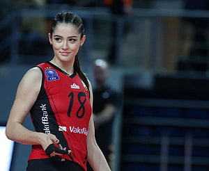 Zehra Güneş in VakıfBank Red and Black Volleyball Jersey Number 18 HD wallpaper
