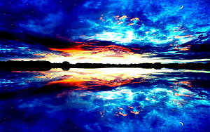 Vibrant Blue and Orange Sunset Reflection on Calm Lake with Crescent Moon HD wallpaper