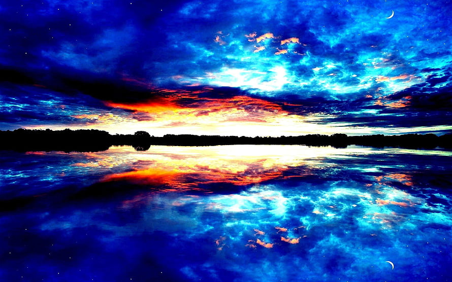 Vibrant Blue and Orange Sunset Reflection on Calm Lake with Crescent Moon HD wallpaper